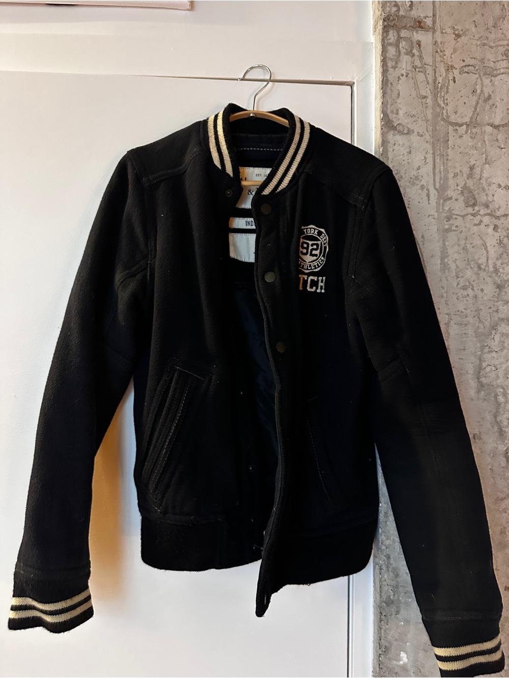 Abercrombie & Fitch Black Varsity Jacket with Cream Stripe Trim